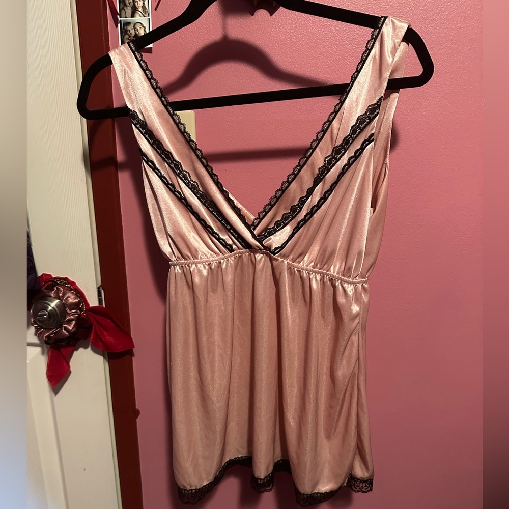 Light pink satin lingerie top with black lace trim
